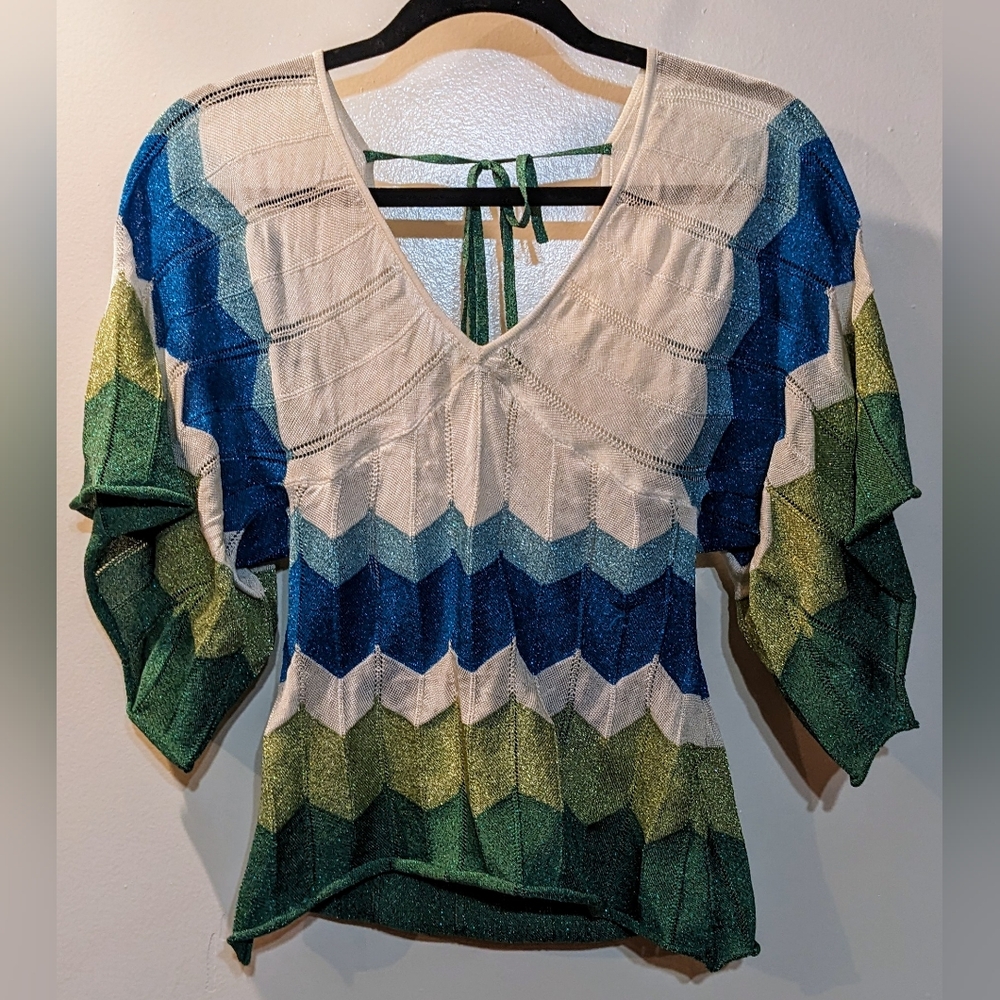 Mango Fitted Tunic in Size M - Blue Green White